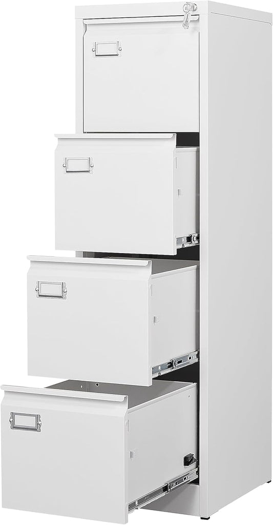 Yizosh 4 Drawer White File Cabinet with Lock, Filing Cabinets for Home Office, Metal Locking Office File Storage Cabinets with Drawers, Vertical Small Filing Cabinet Organizer for Legal/A4