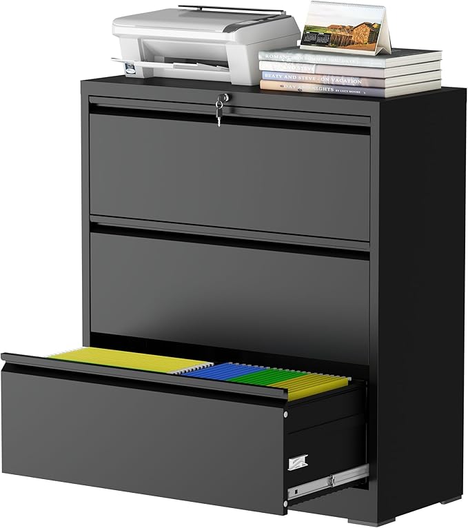 3 Drawer Metal File Cabinet, Lateral File Cabinet with Lock, Lateral File Cabinets for Home Office, Heavy Duty File Storage Cabinet for Legal/Letter/A4 Document, Assembly Required, Black