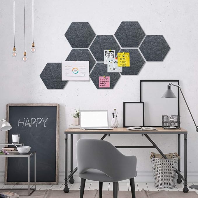 Felt Hexagon Bulletin Board with 20 Push Pins, Pack of 8 Notice Boards for Home Office Kitchen, Push Pin Board Felt Wall Tiles for Photos Memos