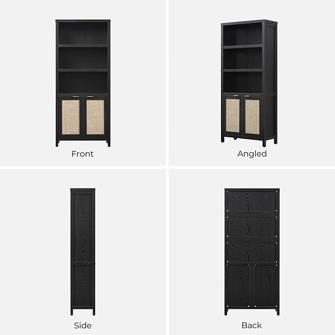 SICOTAS Bookcase 71" Tall Bookshelf 5 Tier Rattan Boho Bookcase with Doors Storage Large Book Case Shelf Farmhouse Bookshelves Library Book Shelves for Living Room Bedroom Home Office Kitchen