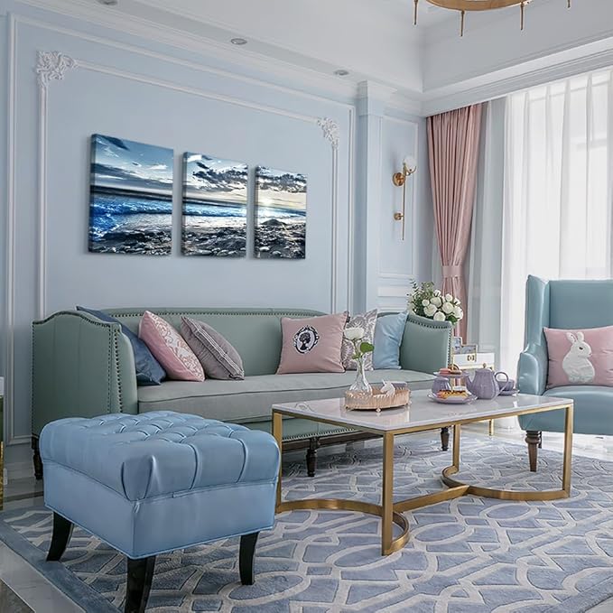 DZRWUBHS Blue Beach Sea Wave Paintings Large Wall Decor for Living Room Canvas Art for Bedroom Office Decorations Sun Ocean Seascape Pictures Artwork Modern Room Home Decor 3 Panels