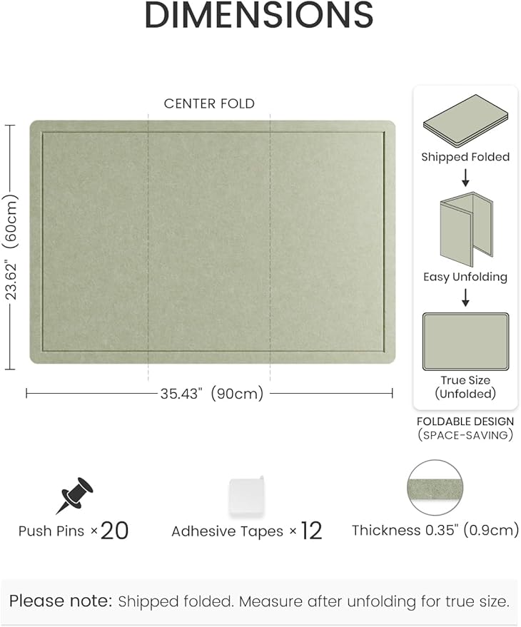 Fluxynara Bulletin Board,35.4" x 23.6" Cork Board Alternative with 12 Safe Removable Adhesive Tabs, Foldable Felt Pin Board for Home Office, Classroom, Bedroom,Entryway for Walls— Sage