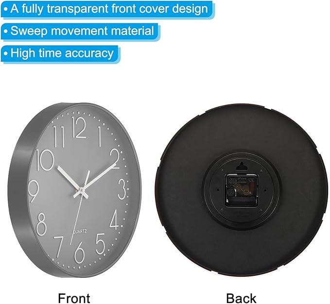 PATIKIL 12 Inch Wall Clock, Battery Operated Silent Non-Ticking Round Wall Clocks for Office Bedroom Decorative, Gray