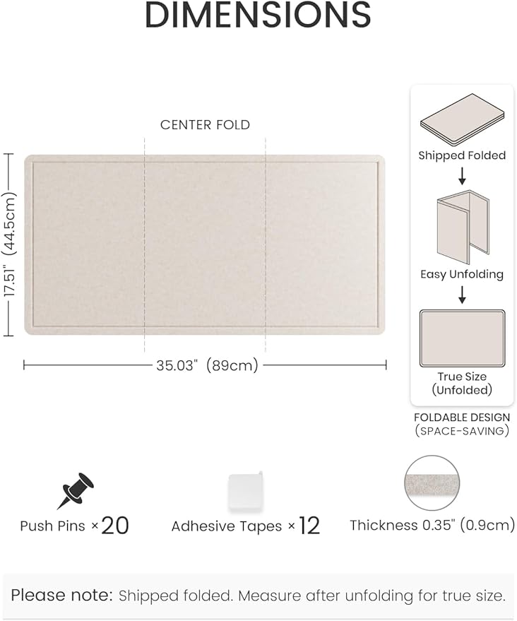 Fluxynara Bulletin Board, 35" x 17.5" Cork Board Alternative with 12 Safe Removable Adhesive Tabs, Foldable Felt Pin Board for Home Office, Classroom, Bedroom,Entryway for Walls— Oatmeal
