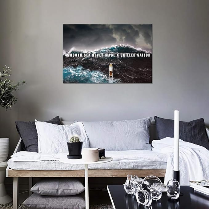 Inspirational Canvas Wall Art Motivational Posters Success Painting Smooth Seas Pictures Positive Motto Office Quotes Prints Artwork for Living Room Teen Bedroom Framed Easy to Hang (12”Hx16”W)