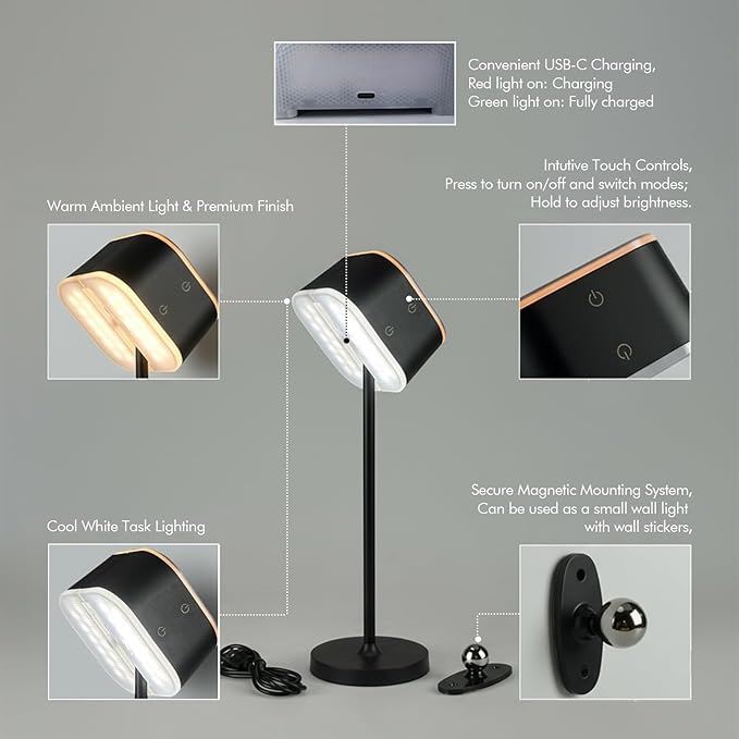 2 Pack Cordless Table Lamps, Rechargeable Touch Lamps for Nightstand & Dining Table, 3 Color Temps 3000K-6500K, Dimmable, Dual-Tone Design, USB-C Portable Bedside Lights, Set of 2, Black