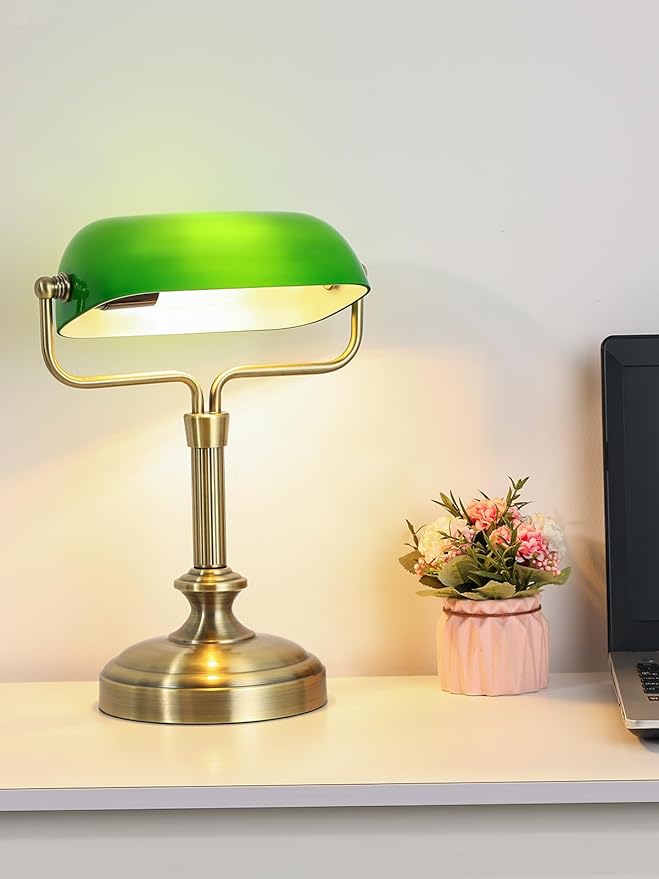 Vintage Banker Lamp, Green Glass, Touch Control, 3-Way Dimmable, LED 6W, Brass Finish (Antique Brass+Green+Touch)