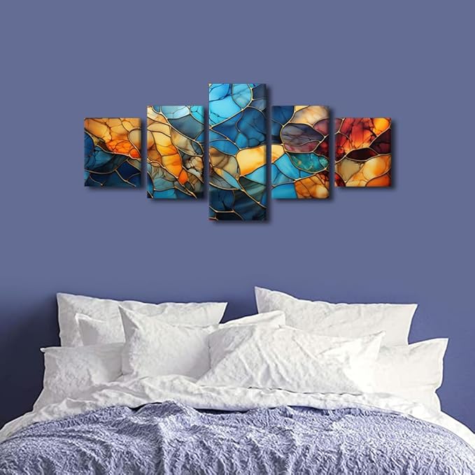 Canvas Wall Art Decor Modern Living Room Wall Art Abstract Autumn and Winter Painting Art 5 Panel Colorful Glass Poster for Men Lady Living Room Home Wall Decor Stretched Ready to Hang 50x24 in