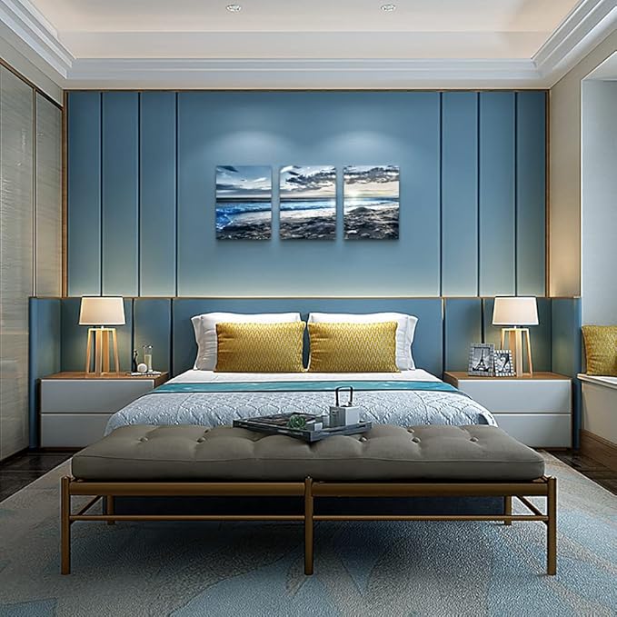 Lapremoly Canvas Wall Art For Living Room Framed Wall Decor For Bedroom Office Decorations Blue Beach Seascape Wall Pictures Ocean Landscape Painting Poster Prints Artwork Home Walls Decor 3 Piece