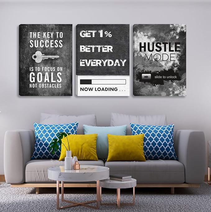 Motivational Office Wall Decor Modern Hustle Canvas Wall Art Inspirational Posters Entrepreneur Quote Canvas Art Paintings Framed 3 Panels Artwork Bedroom Living Room Home Decoration(48”Wx24”H)