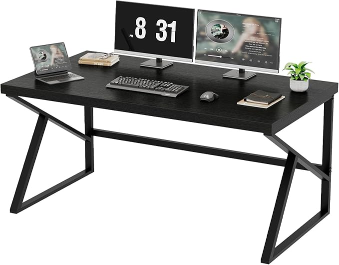 HSH Black Computer Desk, Long Home Office Laptop PC Desk, Large Industrial Metal Wood Executive Writing Gaming Workstation Desk, Modern Simple Student Study Work Table for Bedroom Living Room, 60 Inch