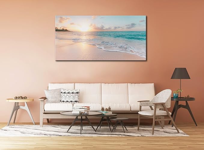 OKEXCKK Beach Large Canvas Wall Art Picture for Living Room - Sunset Ocean Nature Painting Print Decor Coastal Wall Decor Seascape Artwork Poster for Bedroom Decoration - 24"x48"