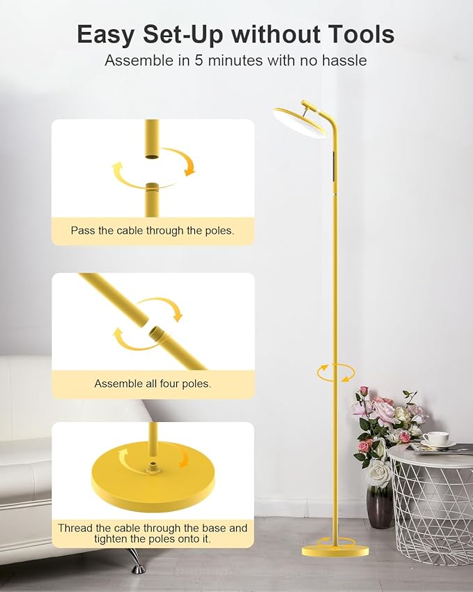 LED Floor Lamp, 36W Super Bright Standing Lamp with Remote & Touch Control, 69" Stepless Dimmable Torchiere Tall Lamp, 350° Rotating Head Floor Lamp for Bedroom, Living Room, Office, Gold