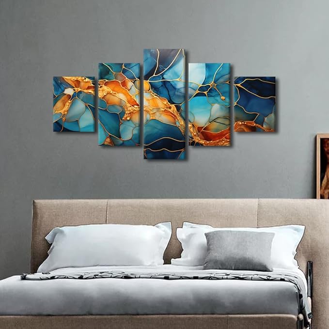 Canvas Wall Art Decor Abstract Canvas Wall Art Modern 5 Panel Colorful Glass Window Poster Golden Lines Painting Art Prints for Living Room Decoration Stretched and Framed Ready to Hang 60x32 in