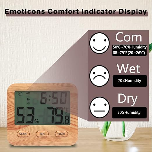 Digital Hygrometer Indoor Thermometer, Temperature Humidity Gauge with Desk Clocks for Bedroom Office,Backlit Accurate Monitor Clear Reading,Time Display Room Thermometer for Home Greenhouse Wooden