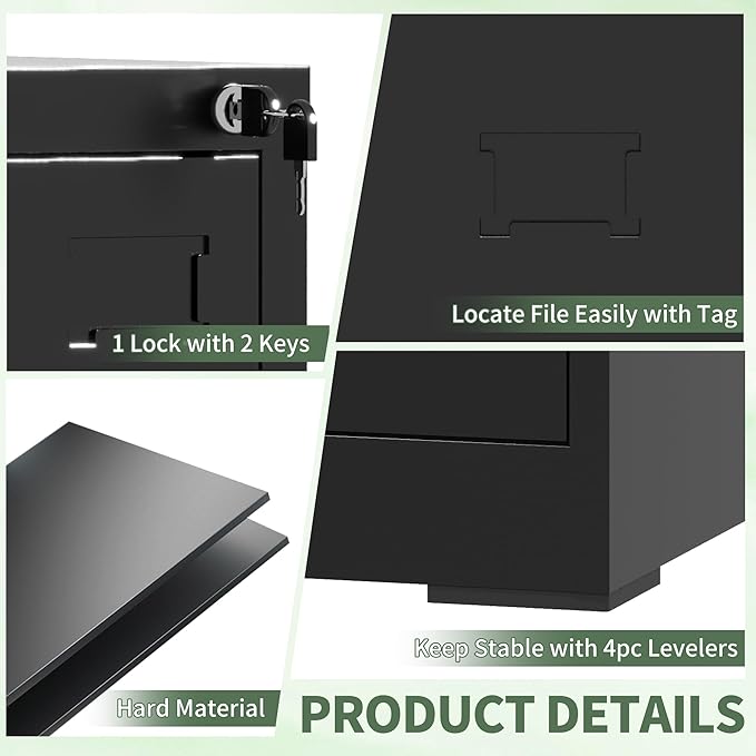 3 Drawer File Cabinet with Lock, Metal Filing Cabinet for Home Office, Vertical File Cabinet for Letter/Legal/A4/F4 Documents, Easy to Assemble Steel Storage Cabinet