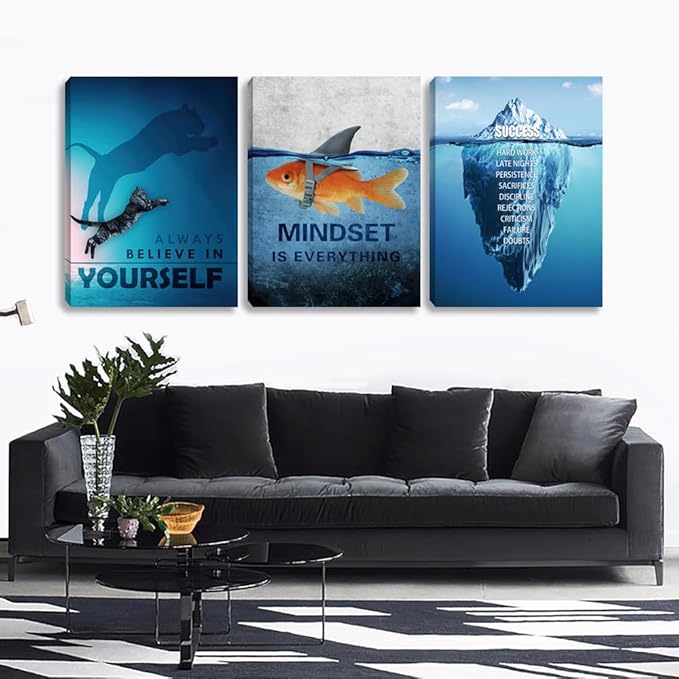 Unbruvo Motivational Wall Art for Office, 3 Pieces Cat Glacier Fish Canvas Print, Inspirational Quotes Wall Decor for Living Room, Bedroom, Dorm-(48''Wx 24''H)