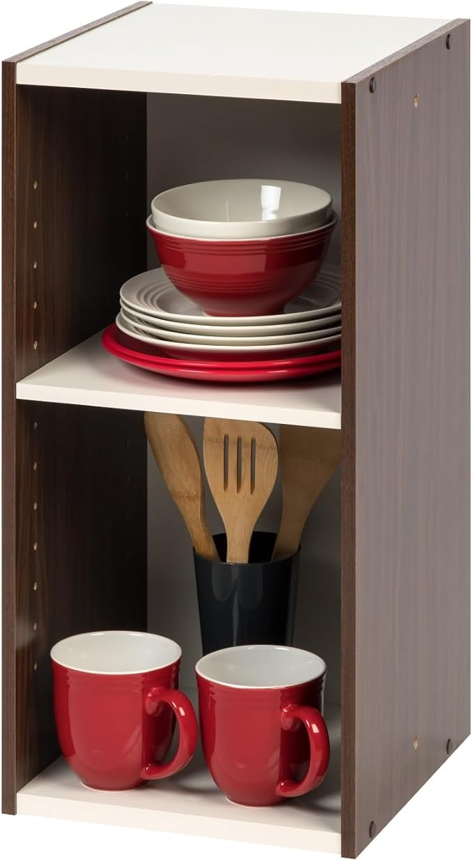 IRIS USA, Inc. 2-Tier Cubby Storage Bookshelf with Adjustable Shelves, 12" Width Stackable Easy Assembly Space Saving Shelving Unit Bookcase, Walnut Brown/White