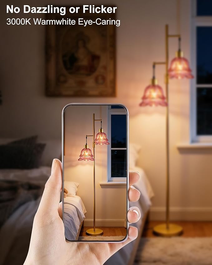 Lightdot 65IN Gold Flower Floor Lamp for Living Room, 2- Light Dimmable Floor Lamps with Deep Red Glass Lampshade,3000K Warm White Modern Standing Tall Lamp for Bedroom Sofa Beside Corner Decor