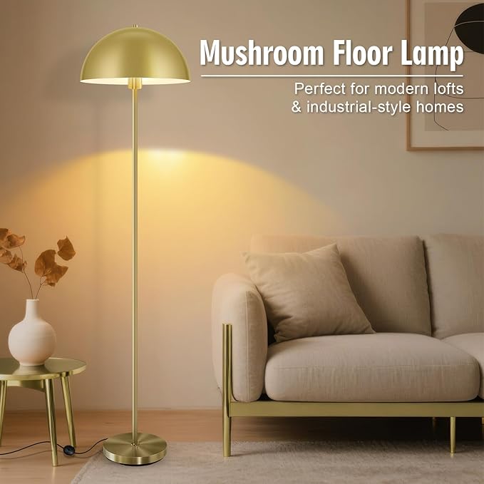 Modern Floor Lamps for Living Room, Gold Metal Mushroom Lamp, 66" Tall Corner Lamp, Footswitch, Bright Industrial Standing Lamps for Bedroom Nursery, Mid Century Modern Home Decor(E26 Base, NO BULB)