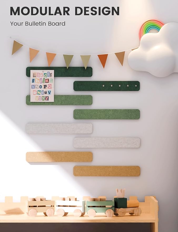 Cork Board Alternative Felt Strip Board 8-Pack 13"x2", Office Pin Board with 50 Push Pins, Adhesive Install for Bedroom Door & Home Office(Moss Glimmer)