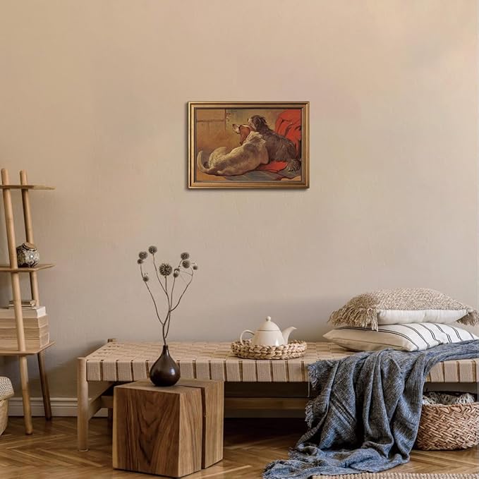 Gold Framed Wall Art Vintage Canvas Wall Art Hound and Bearded Collie Seated on a Hunting Coat Artwork Prints Picture for Living Room Bedroom Farmhouse Bathroom Office Decor, 12x16