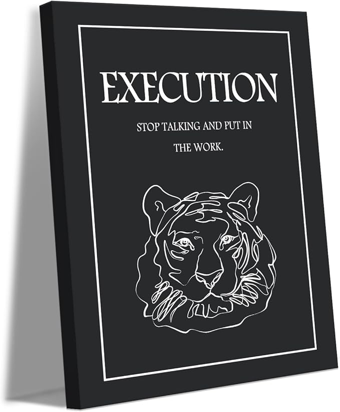 Execution Canvas Wall Art, Motivational Quote Print with Tiger Portraits, Black & White Inspirational Wall Decor, STOP TALKING AND PUT IN THE WORK Success Poster for Home Office Gym, Framed 18"x24"