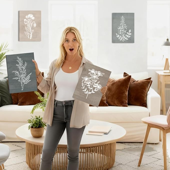 BINCUE Neutral Botanical Plant Canvas 6 Pieces Rustic Farmhouse Wall Art Natural Botanical Canvas Artwork Farmhouse Decor Boho Wall Art for Living Room Bedroom Bathroom Office 12"x 16"