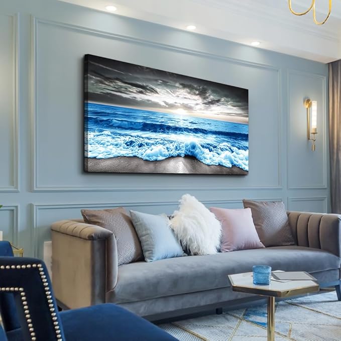 MHARTK66 Wall Art For Living Room Large Wall Decor For Office Modern Bedroom Wall Decor Blue Beach Sun Ocean Landscape Canvas Prints Wall Paintings Seascape Framed Pictures Artwork Home Decor 40x20