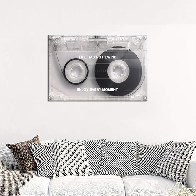 Cassette Music Wall Art with Life Has No Rewind Enjoy Every Moment Motivation Words,Inspirational Vintage Framed Art Posters Stretched and Framed Ready to Hang-24"X36"
