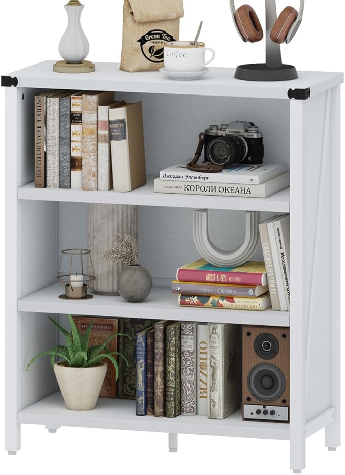 BON AUGURE White Bookshelf, 3-Tier Wooden Bookcase with Adjustable Shelves, Small Farmhouse Floor Book Cases/Shelves with Open Storage for Home Office School Library Bedroom Kids