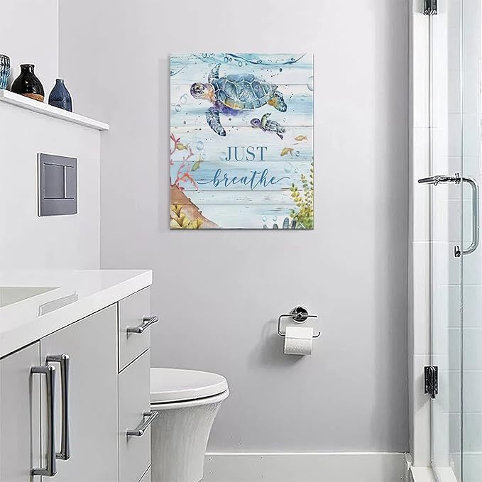 yerretin Nautical Sea Turtle Wall Art Ocean Just Breathe Pictures Wall Decor Beach Canvas Painting Modern Artwork Home Decoration for Bathroom Living Room Bedroom Office Framed 16"x20"