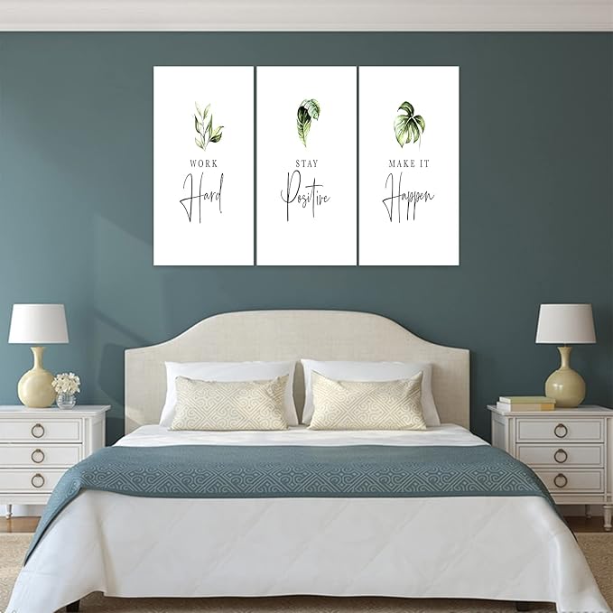 3 Piece Inspirational Wall Art, White Plants Sayings Picture, Quotes "Work Stay Make it" Canvas Prints for Office Decor, Triptych Entrepreneur Framed Artwork for Women Men Home Wall Decor (72"Wx36" H)
