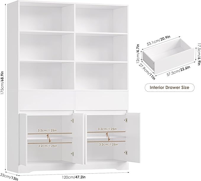 FINETONES 69" White Bookshelf with Doors, 47.2" Double Wide Bookshelves and Bookcases with Storage, Tall Bookshelf Large Open Book Shelf Standing Book Case for Home Office, White