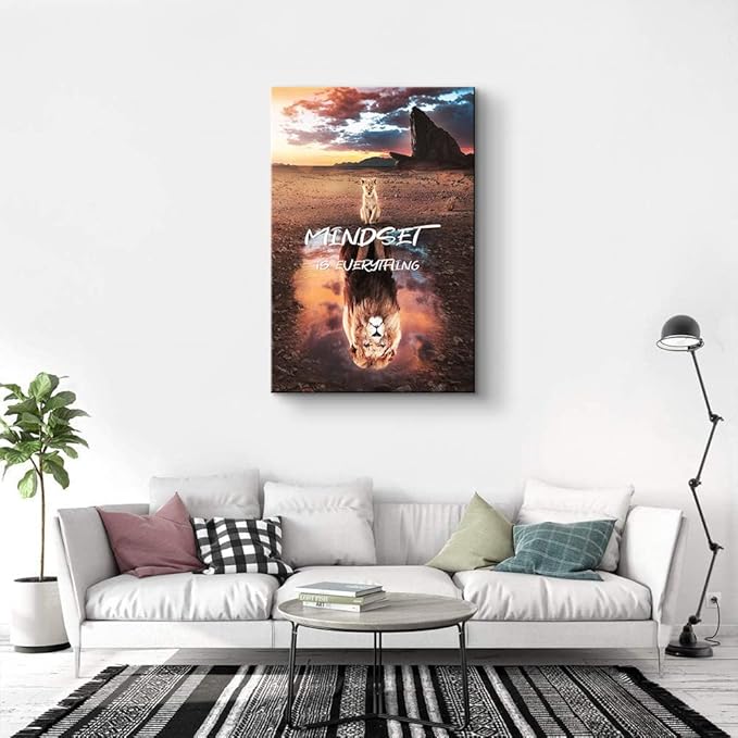 Mindset is Everything Wall Art - Inspirational Motivational Poster Print 28x40 Inches, Lightweight Canvas Wall Decor with Wooden Frame, Quotes for Office, Study Room - Positive Affirmation Art