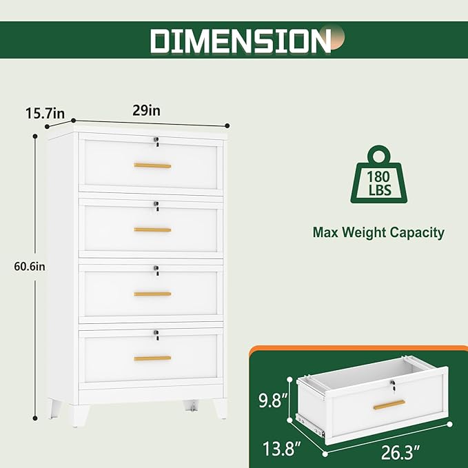 4 Drawer File Cabinet with Lock, Metal Lateral File Cabinets for Home Office, Steel Wide Filing Organization Storage Cabinets, Home Office Furniture for Hanging Files Letter/Legal/F4/A4 Size