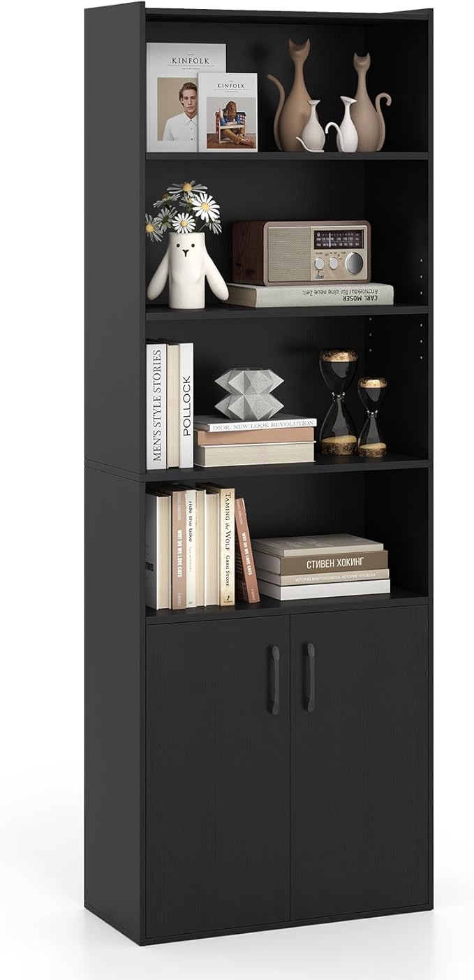 Giantex 70" Bookcase with 2 Doors, 6-Tier Modern Bookshelf w/Cabinet, Elegant Storage Cabinet, Adjustable Shelves, Multipurpose Display Rack, Storage Organizer for Living Room Bedroom Study (Black)