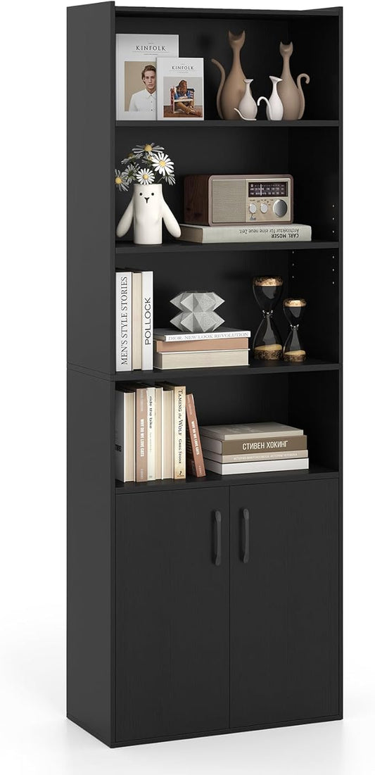 Giantex 70" Bookcase with 2 Doors, 6-Tier Modern Bookshelf w/Cabinet, Elegant Storage Cabinet, Adjustable Shelves, Multipurpose Display Rack, Storage Organizer for Living Room Bedroom Study (Black)