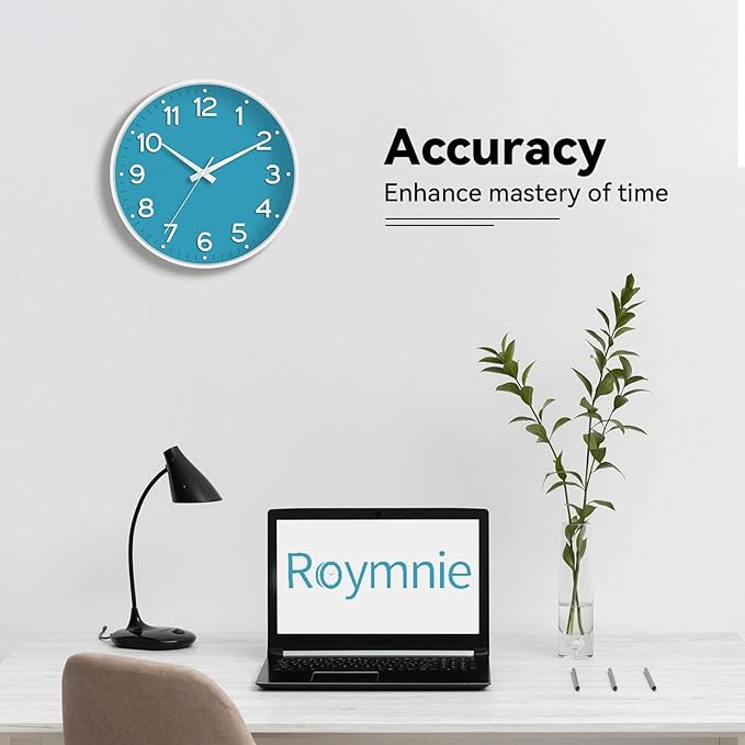 Wall Clock 12 Inch Silent Wall Clocks Battery Operated-Modern Non Ticking Analog Clock Decorative for Kitchen Bedroom Office (Blue)