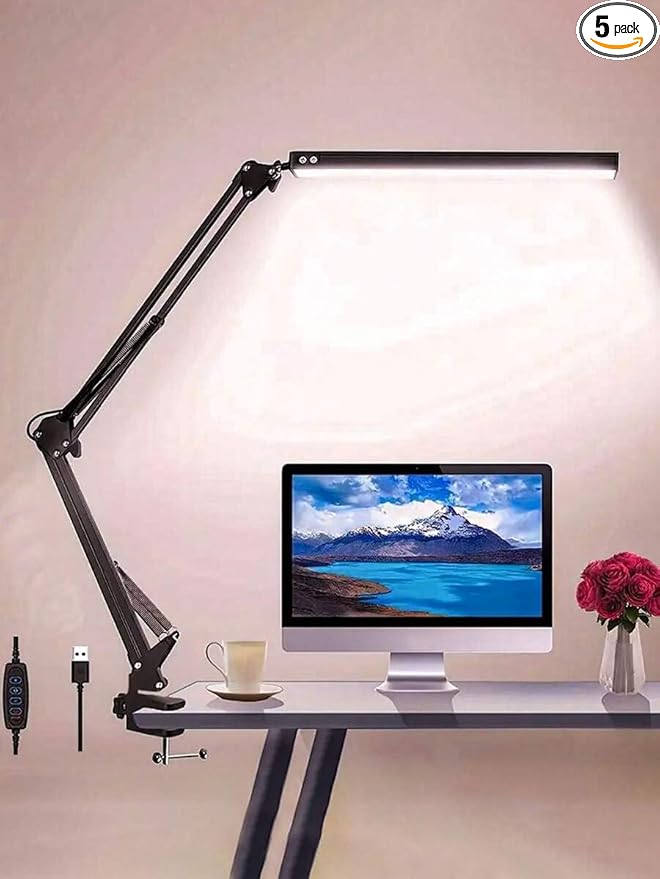 Dimmable LED Desk Lamp with Swing Arm and Clip, USB Powered Eye-Care Light with Memory Function, Adjustable for Office, Dorm, Studio, or Reading