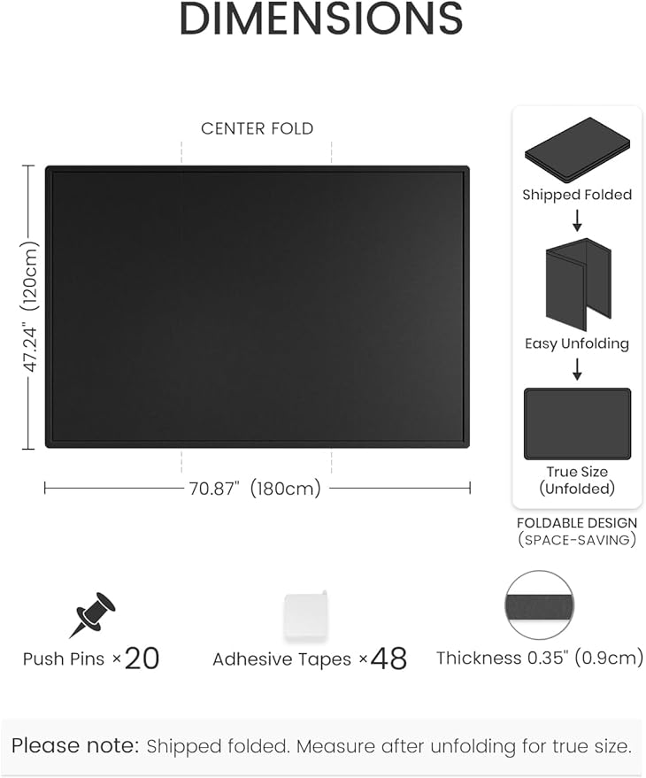 Fluxynara Large Bulletin Board, 70.8" x 47.2" Cork Board Alternative with 48 Safe Removable Adhesive Tabs, Foldable Felt Pin Board for Home Office, Classroom, Bedroom,Entryway for Walls— Black