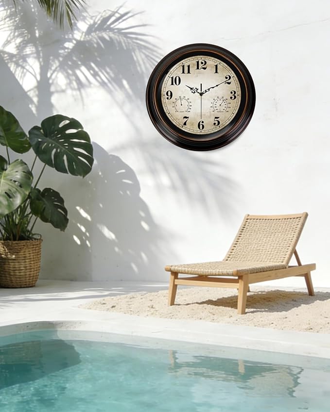 Vintage Wall Clock 16 Inch Quartz Silent Non-Ticking Analog Clock with Thermometer and Hygrometer, Battery Operated Rustic Round Decorative Clock for Living Room Kitchen Home Office