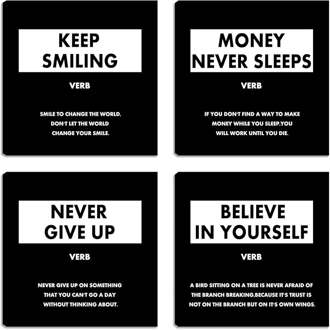 Motivational Framed Wall Art - Inspirational Office Quotes Wall Decor for Living Room Bedroom Black White Canvas Wall Art Wall Painting Picture Posters Artwork - 12"x12"x4PCS