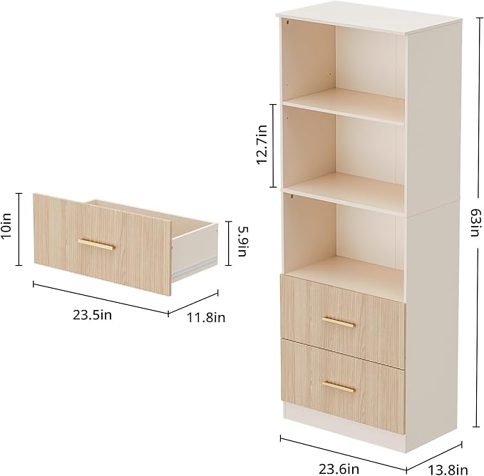 Oak Bookshelf with Drawers, 63" Tall Book Shelf with Storage, 3 Shelf Bookcase with Adjustable Shelf, 3 Tier Modern Book Shelf, Open Shelves Bookcase, Unique Bookshelf Home Office, Oak
