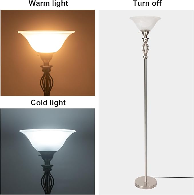 Torchiere Floor Lamps for Living Room, Standing Lamp with White Alabaster Glass Shade, Corner Floor Lamp Pole Lamp - Elegant Floor Lamp for Bedrooms