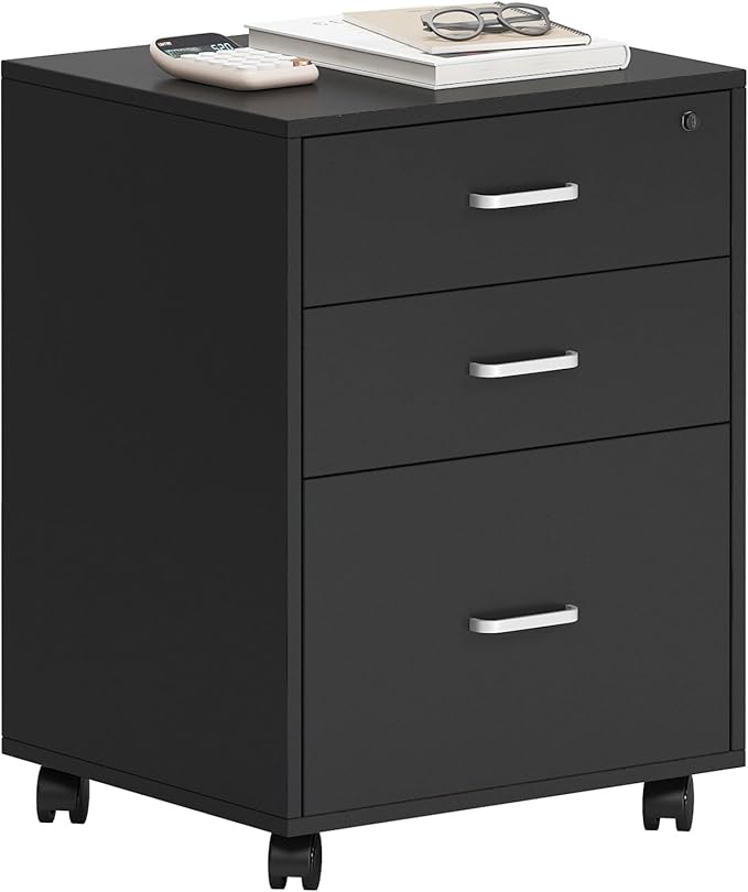 Need 3 Drawer Wood Mobile File Cabinet with Lock,Rolling Filing Cabinet for Letter/A4 Size for Home Office, Black