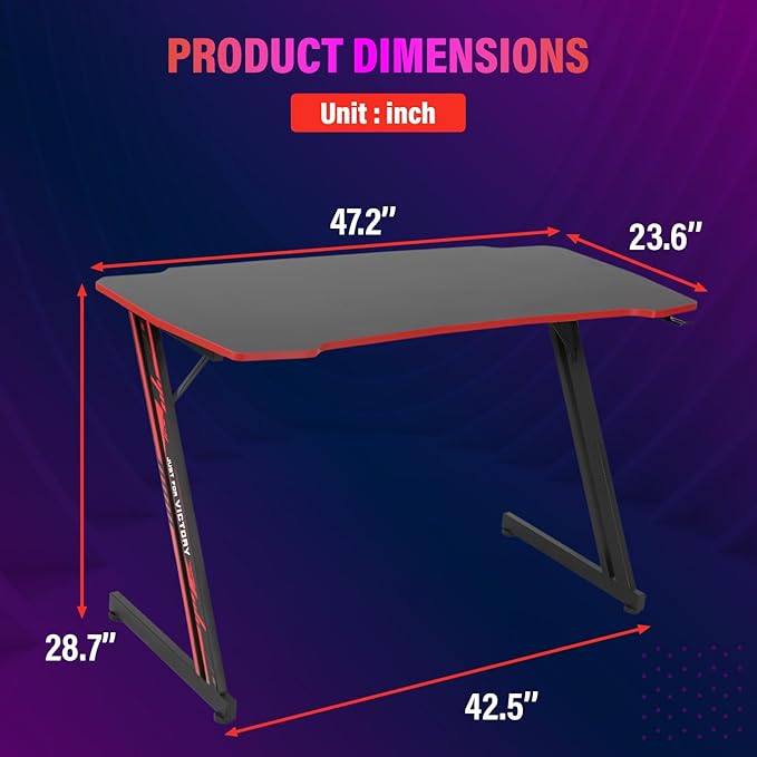 PayLessHere | 47" Gaming Table | Red | Z-Shaped Computer Desk with Steel Frame, Headphone Hook, Adjustable Feet | Carbon Fiber Texture Surface, Sweat & Waterproof | for Gaming, Home Office