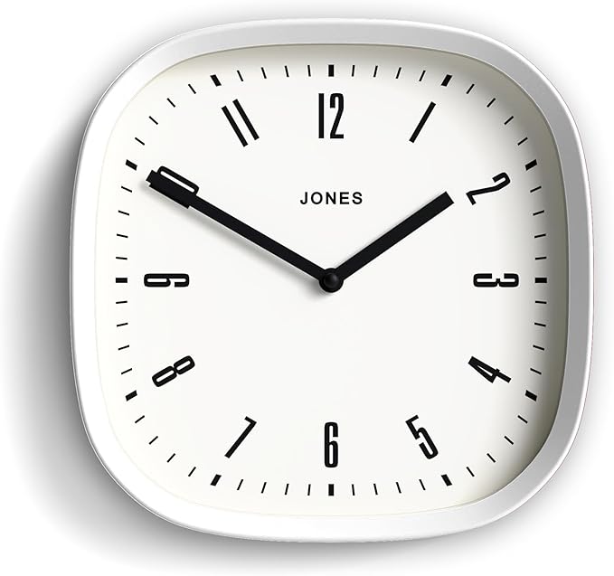 JONES CLOCKS® Marvel Wall Clock | Modern Retro Rounded Square Clock | 10 inch | White | Cool Designer Look for Kitchen, Living Room or Office
