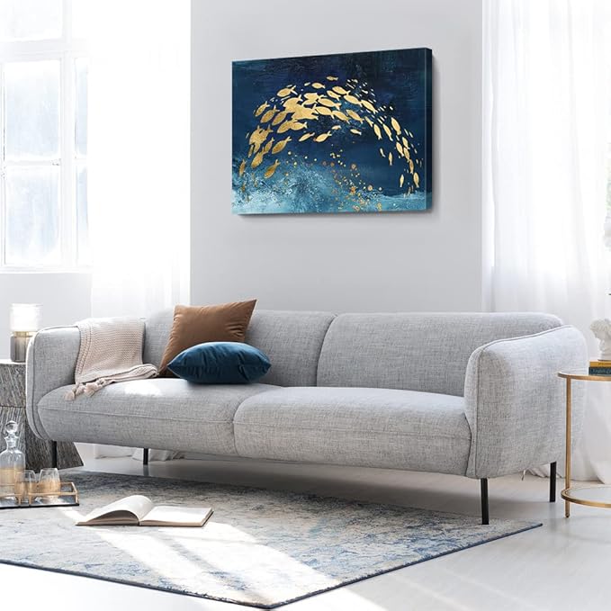 Wall Art Canvas Abstract Ocean Art Paintings Golden Fish Dancing in Blue Sea Modern Artwork Decor for Living Room Bedroom Kitchen 36x24in