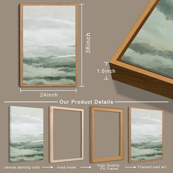 ANHUIB Large Green Wall Art 24x36 Inch Sage Green Abstract Wall Decor Watercolor Abstract Paintings Set of 3 for Living room Bedroom